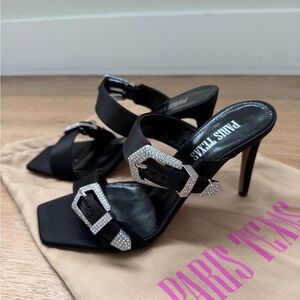 Paris Texas Black Satin Heeled Ursula Stilettos with Crystal Buckles